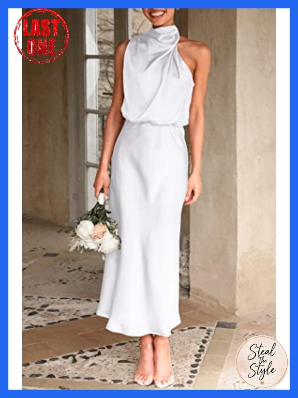 Satin Sleeveless Mock Neck Maxi Dress Fit and Flare Formal Elegant - Picture 3 of 6